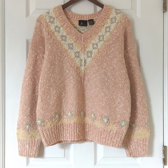 Liz Sport 90's Vintage Fair Isle & Marled Knit Wool Blend V-neck Sweater Pink M - Picture 1 of 11